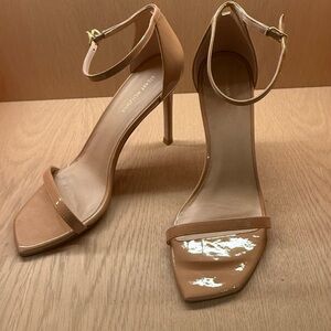Stuart Weitzman Nudistcurve Patent Ankle-Strap Sandals Tan Heels size 8.5